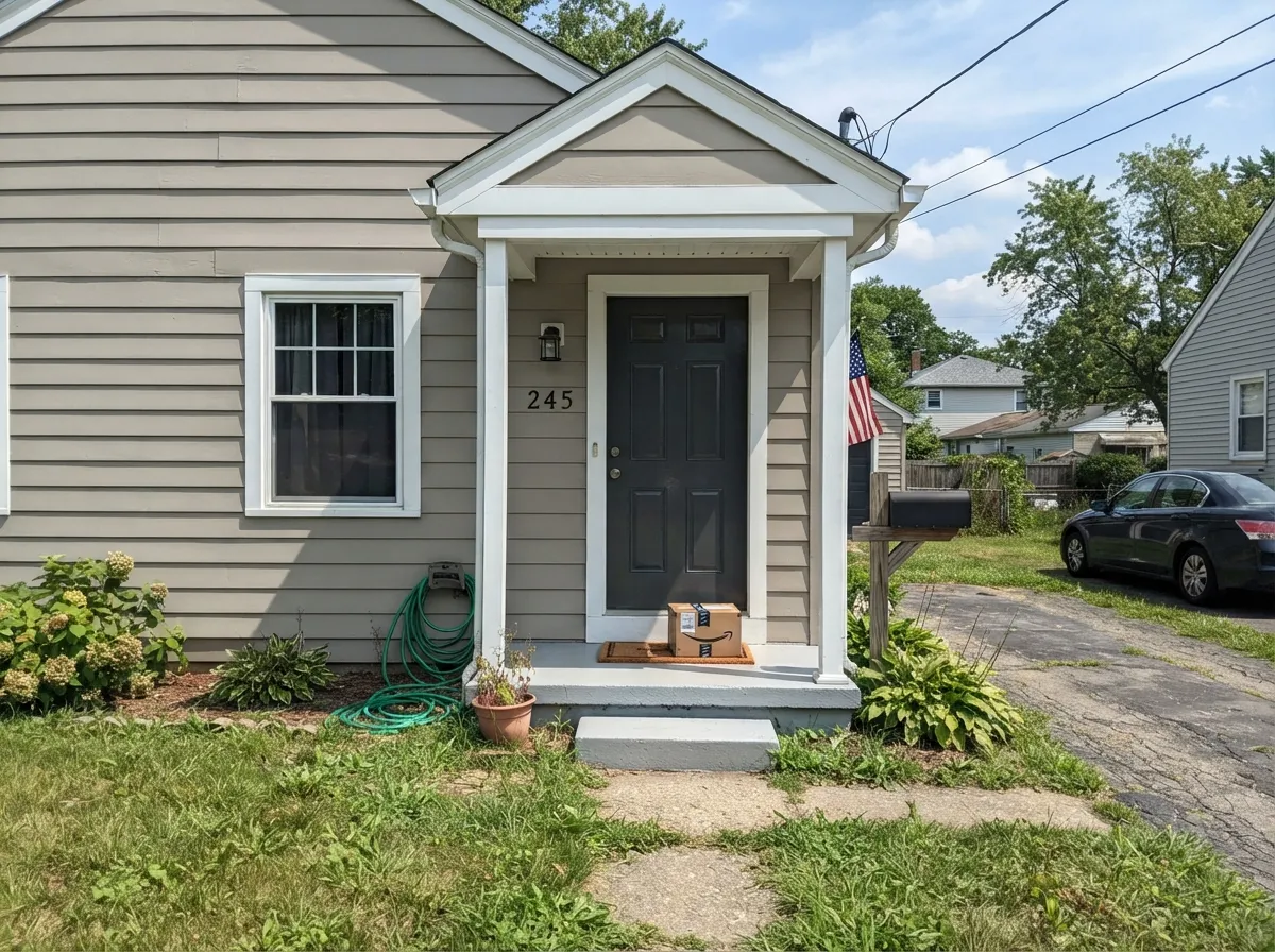 Its second home: Behr's Marquee exterior line. Full sun reads it warmer and softer than a true gray facade.