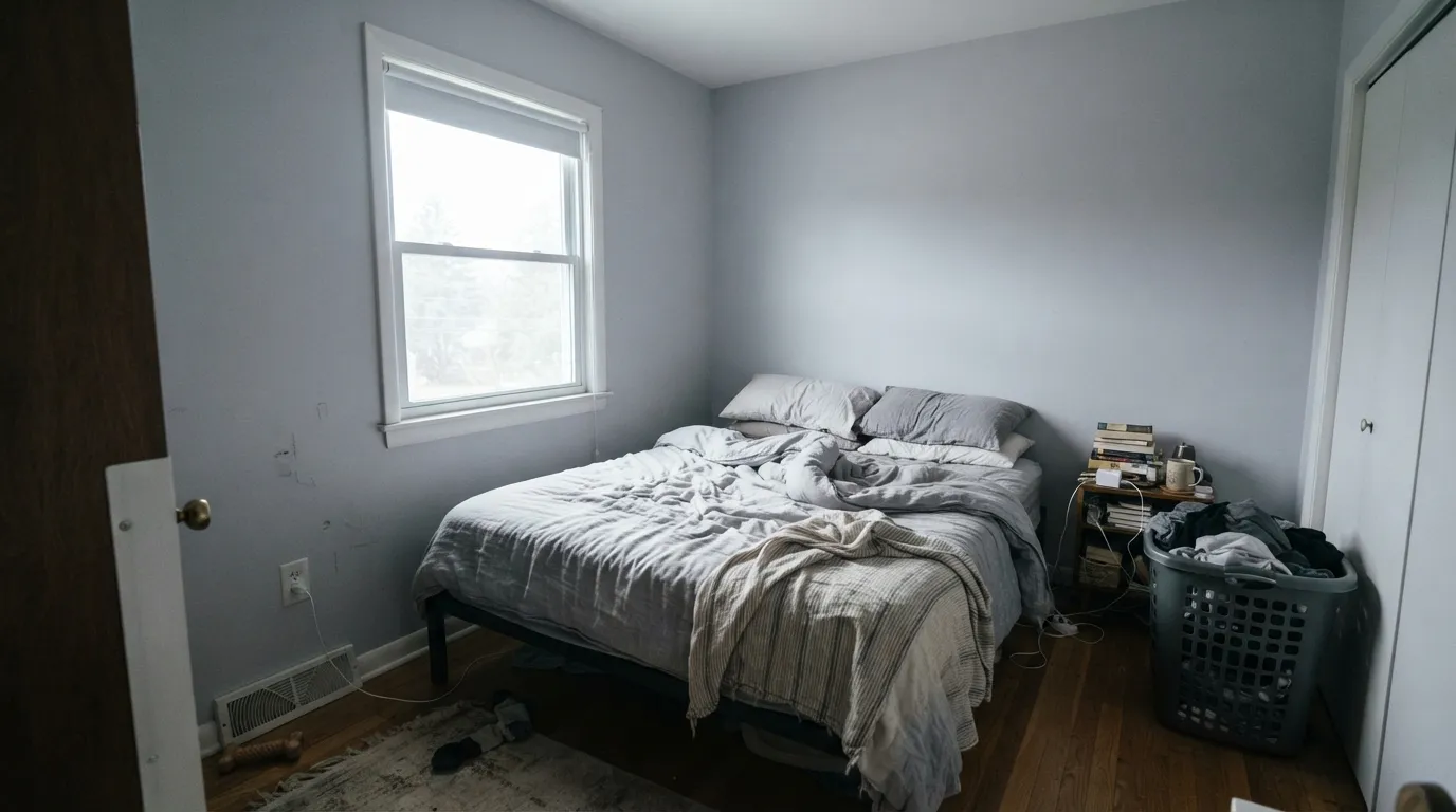 The honest shot: cold north light strips the beige out and leaves a faint violet cast — the same weakness SW Repose Gray is known for.