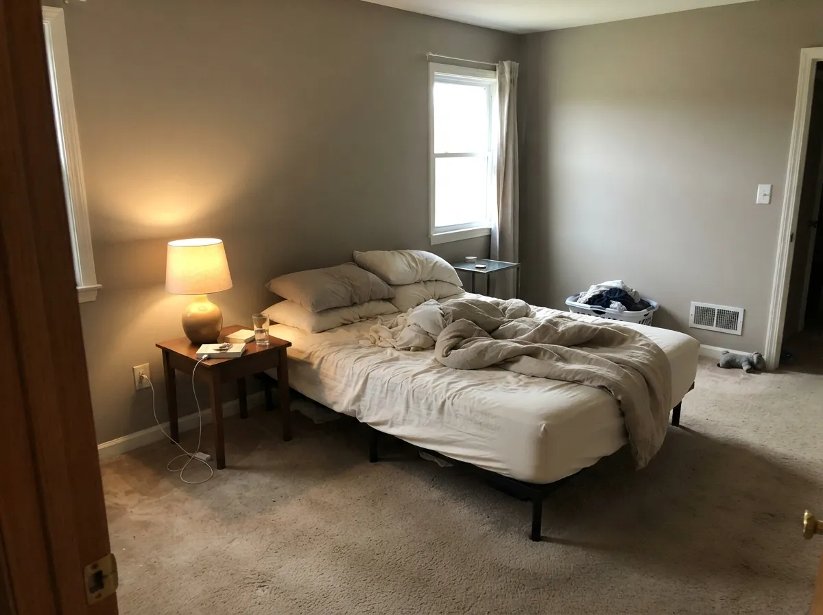 In a morning-lit bedroom the mid-tone stays restful — dusty taupe with a hint of brown, not a pale Instagram wash.