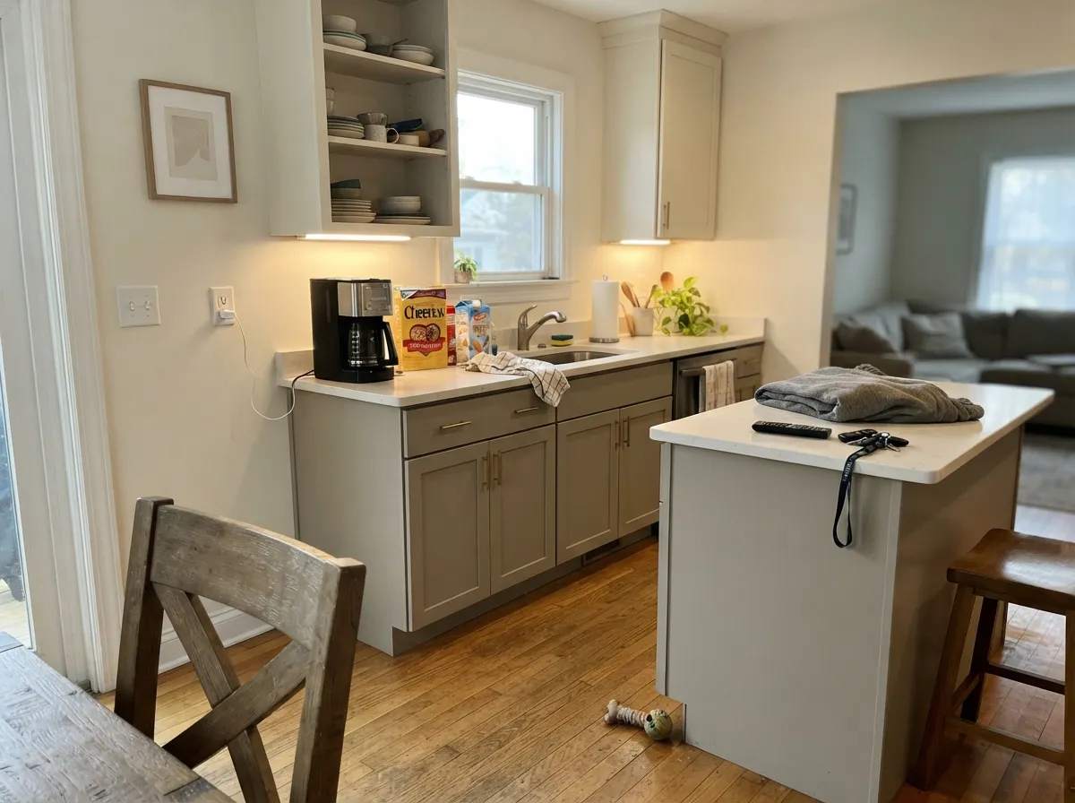 Satin Chic Taupe on cabinets under Alabaster walls — the custom look without a saturated color, still taupe in real kitchen light.