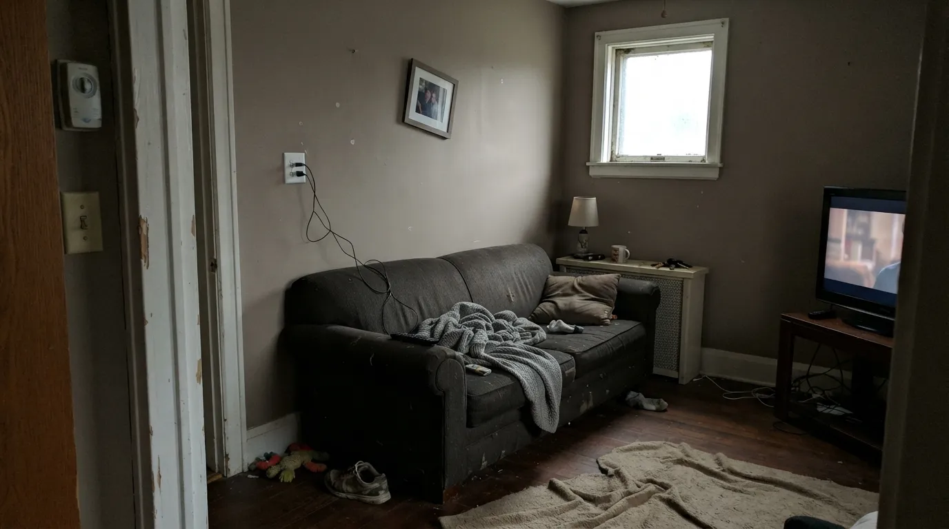 The honest shot: in a dim north room with no lamps, the brown drains out and Chic Taupe goes drab dusty taupe — the exact too-dark situation owners describe.