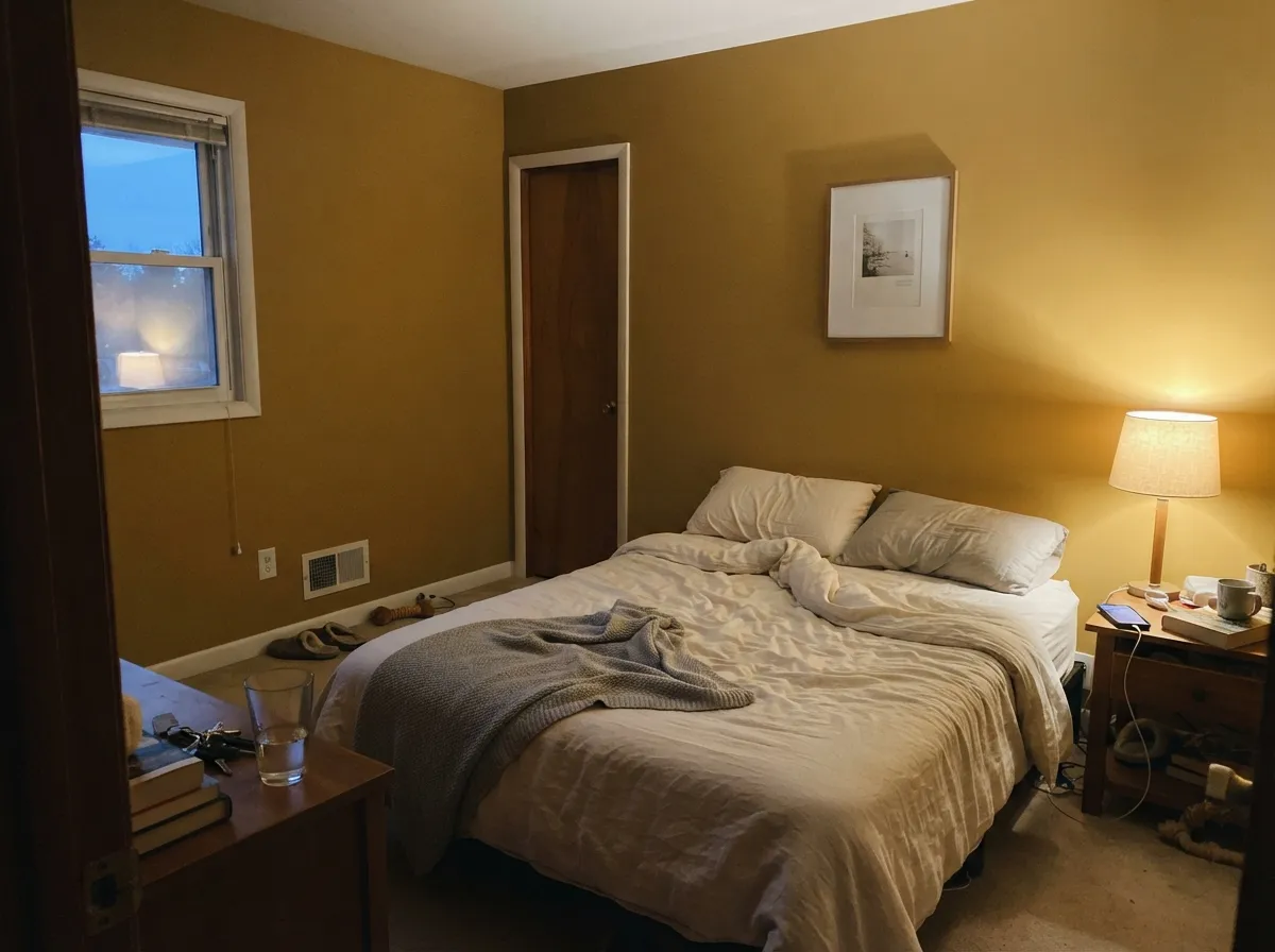 A bedroom that trades another beige for real warmth — cozy under a 2700K bulb, never garish.