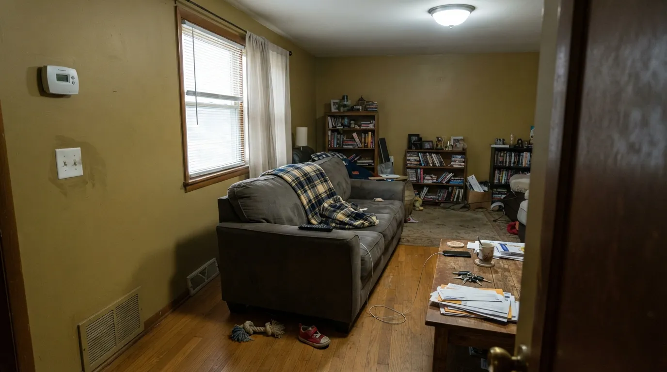 The honest shot: cool north light plus honey oak floors, and the amber slides into mustard-olive with no contrast left in the room.