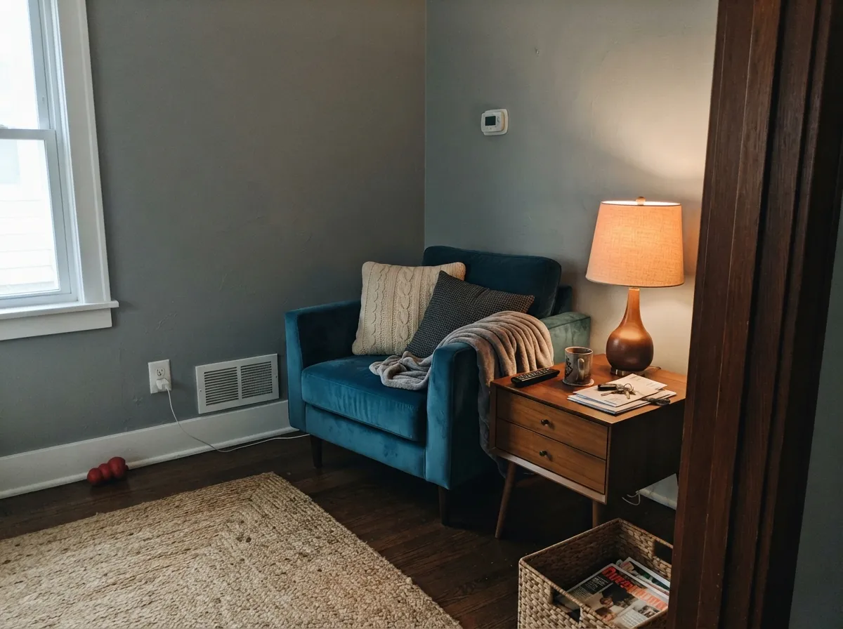 Its best trick: a wall with no strong undertone of its own lets one jewel-tone accent — here a teal chair — read at full richness.