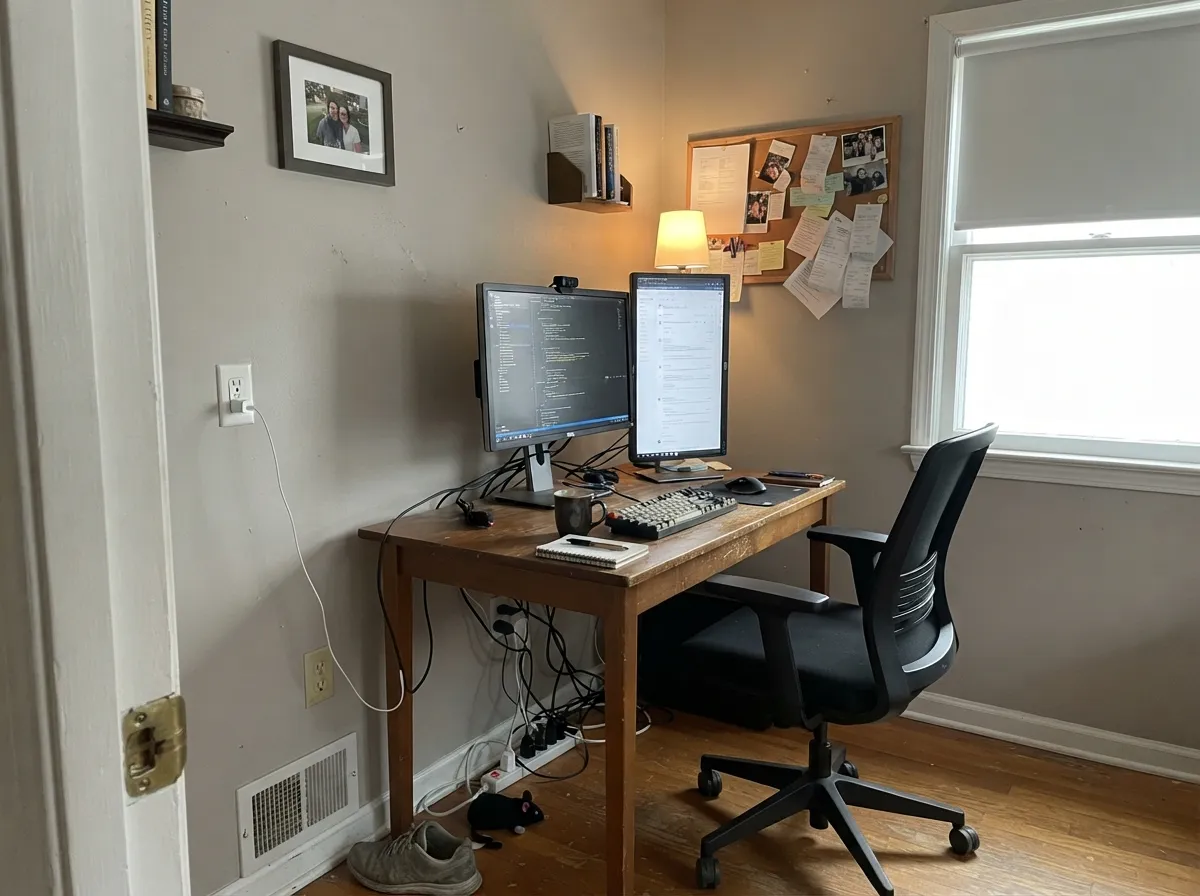 Its best interior job: a quiet backdrop for a workspace that isn't supposed to demand attention.