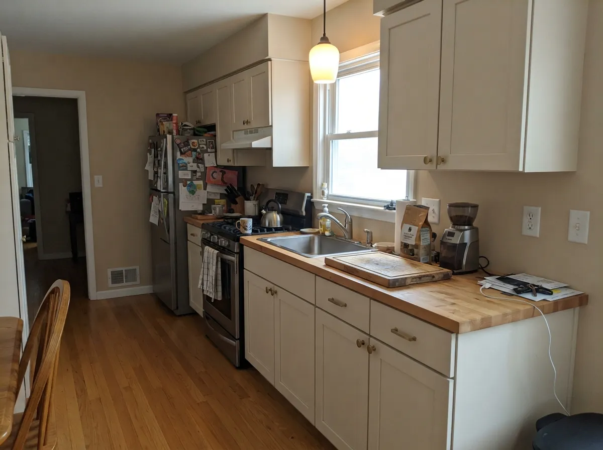 Satin Coastal Beige on cabinets with butcher block and brass — cream boxes that hide knuckle marks, clearly not a gallery white.