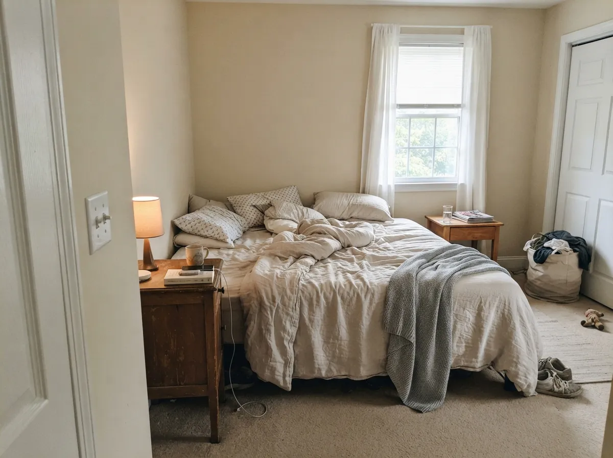 In a morning-lit bedroom the vanilla stays quiet — no gallery glare, no yellow flash yet.