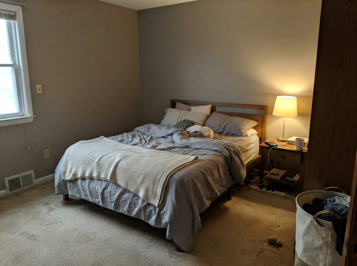 Under a 2700K lamp at night the brown comes forward and the room feels settled, not flat.