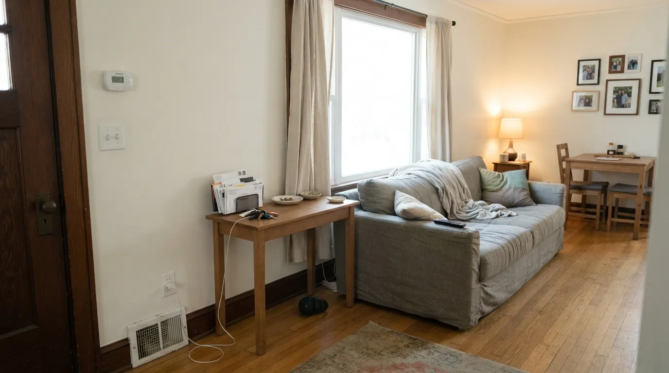 Coconut Twist across an open main floor in real south daylight — bright and soft at once, without the cold snap of a true white.