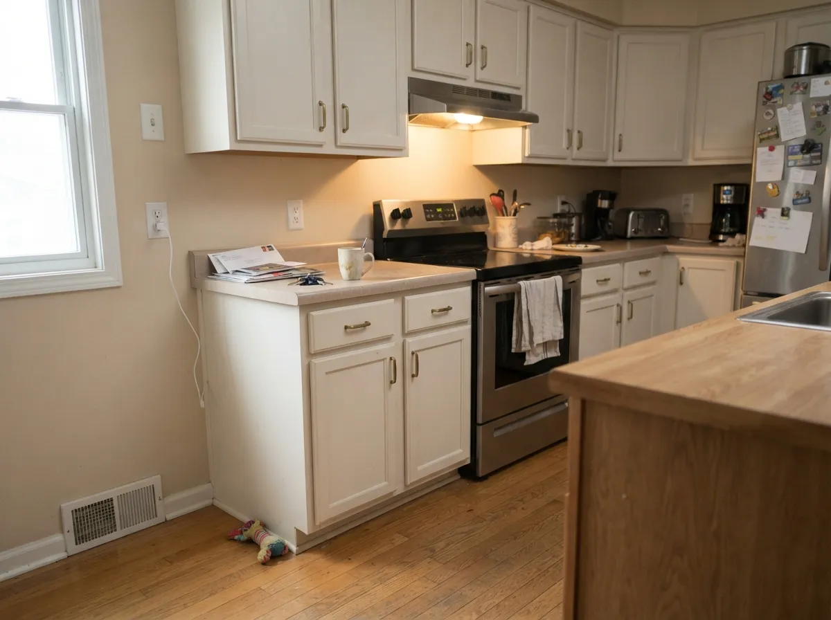 Cabinets in Coconut Twist against warm beige walls — brightening the kitchen without the stark, clinical look of a true white.