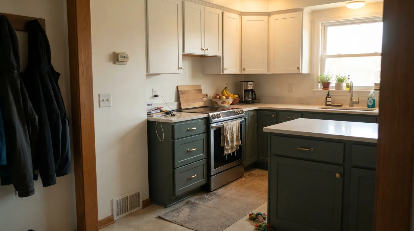 Conifer Green on the island and lower cabinets, White Dove uppers overhead — real daylight and brass keep the green honest instead of murky.