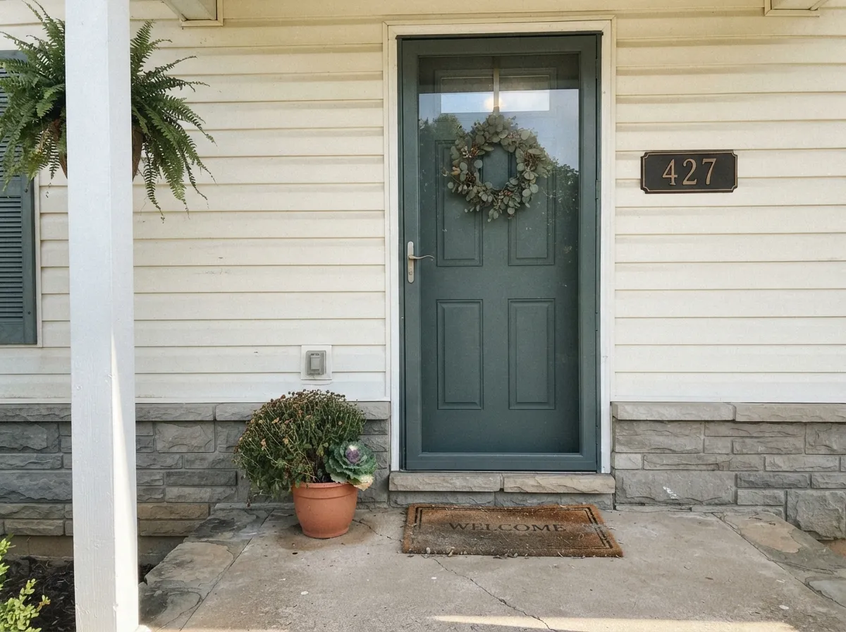 Its best-known job: a front door that reads grounded and deliberate against stone and warm siding, not trendy.
