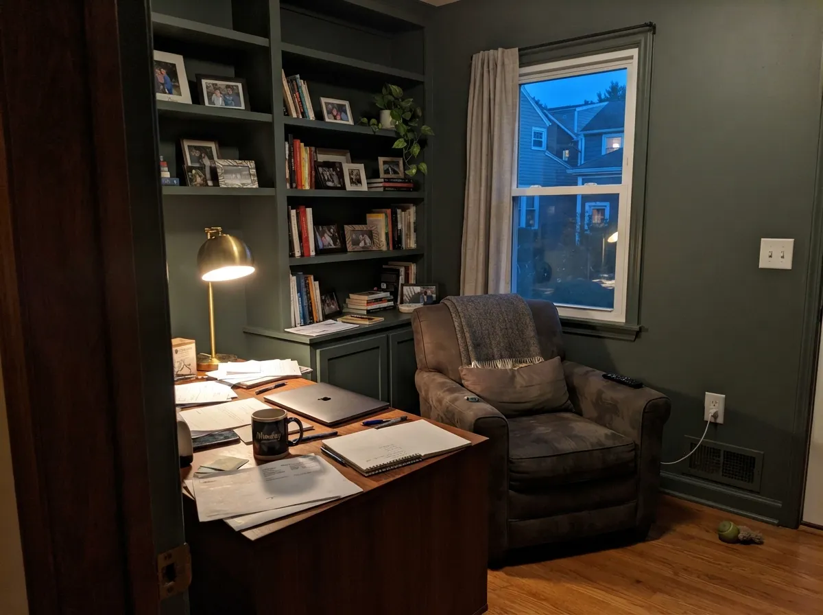 Under a warm lamp in a book-lined study, the depth stops feeling dark and starts feeling deliberate — its best interior room.