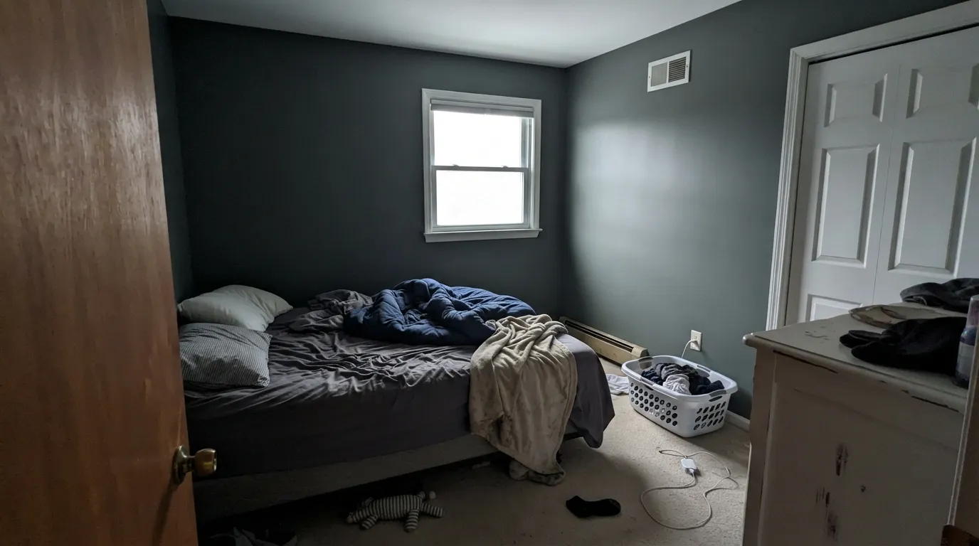 The honest shot: a dim north room with no lamp drains the green completely and leaves plain charcoal — the exact situation behind most disappointed reviews.