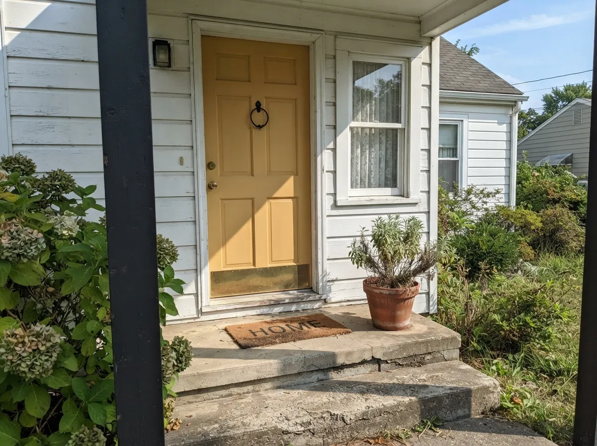 Outdoors, full sun keeps the gold present instead of letting it flatten — a friendly, uncommon front-door color against a warm white body.