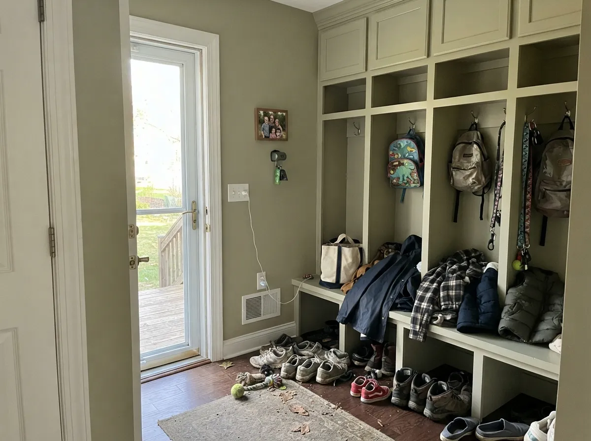 The farmhouse job: Cottage Hill on mudroom lockers and walls — mid-light sage that hides scuffs and still reads as a color when the back door opens.