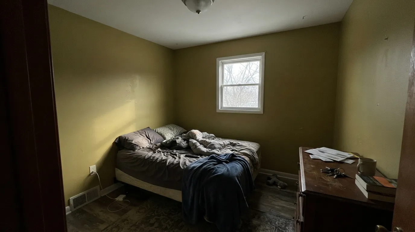 The honest shot: in a small north bedroom with no lamps, Cottage Hill goes darker and yellower than the chip — the exact avocado-box situation owners post.