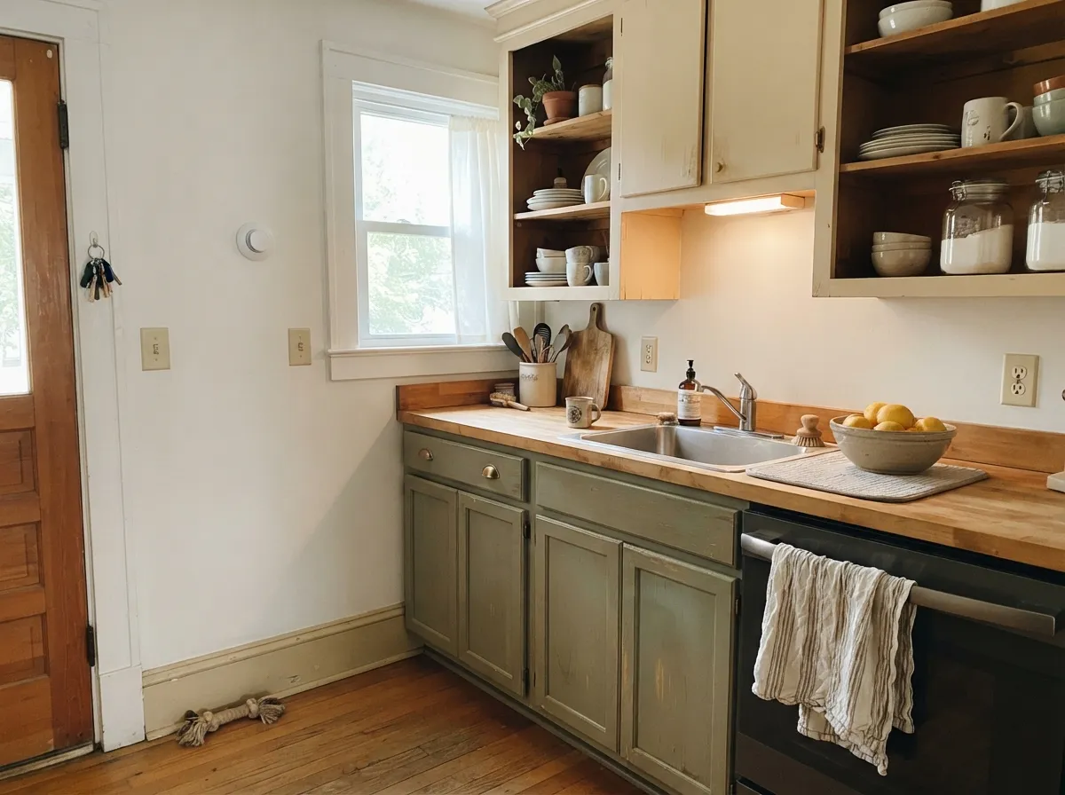On cabinets with brass and butcher block, the honey-gold undertone looks intentional instead of dated.