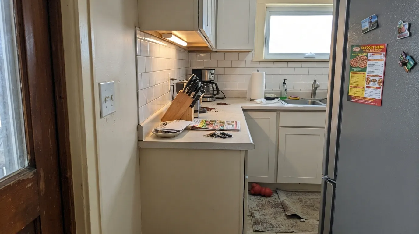 The honest shot: next to bright white tile and appliances, the honey undertone reads dingy instead of warm — the number-one complaint from owners who inherited this trim.