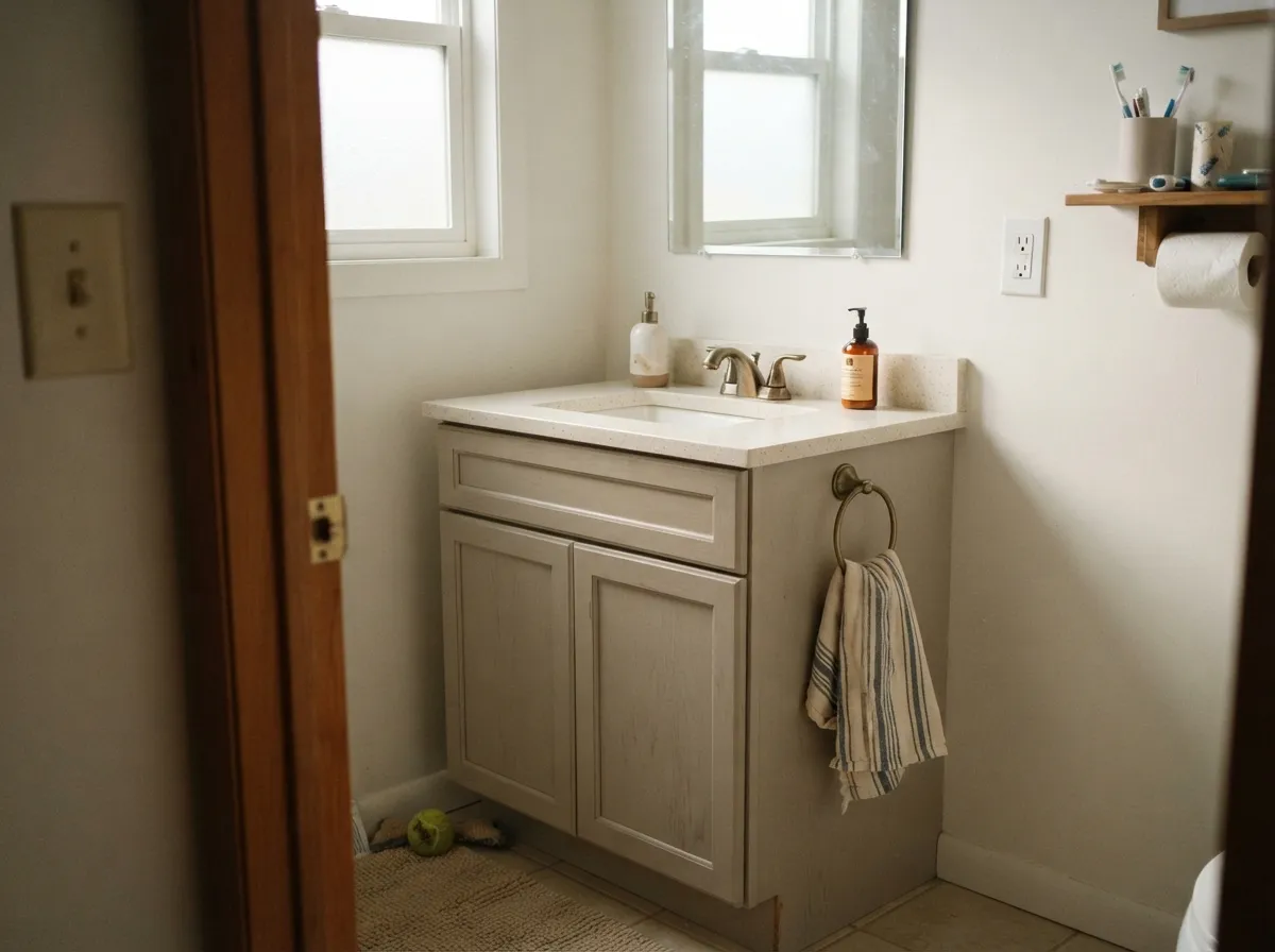 The designer-move version: a Cotton Knit vanity under brass fixtures looks custom for the cost of a quart.