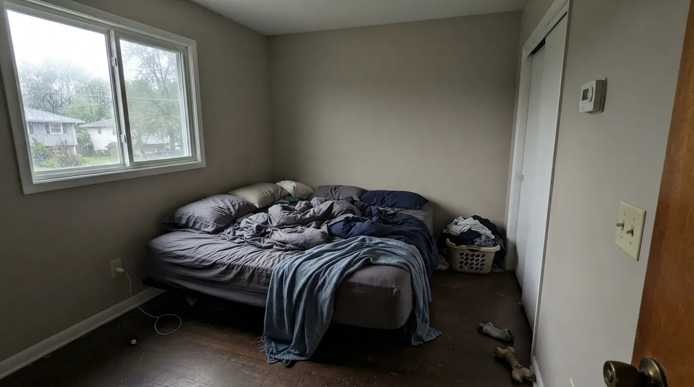 The honest shot: cool north light with no lamps drains the warmth and leaves a flat gray-taupe — the exact situation behind most of this color's disappointed reviews.
