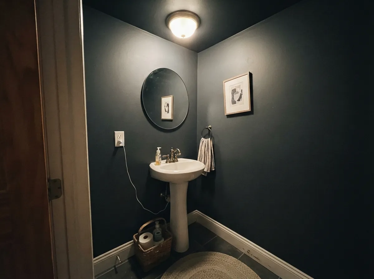 A full powder-room drench under a real light fixture — the small-room commitment that reads custom, not cave-like.