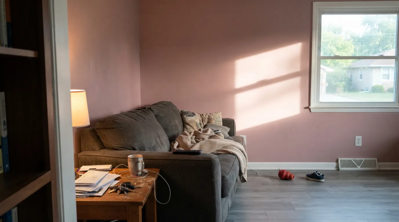 The honest shot: hot afternoon sun plus gray floors and a cool white trim, and the taupe reads pink — the exact complaint people post.