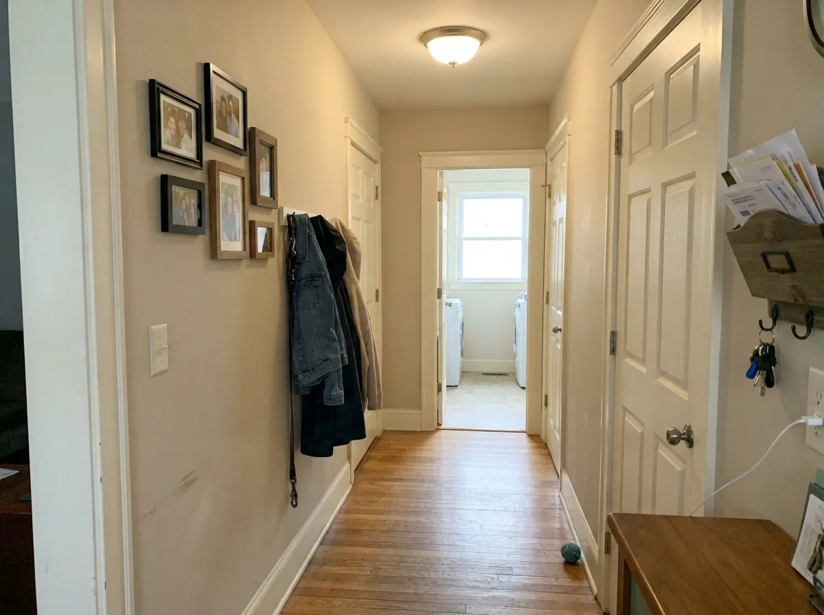 The millwork job it was mixed for: cream trim against a warm beige wall, no brighter white anywhere, so the yellow never has a neighbor to look dingy against.