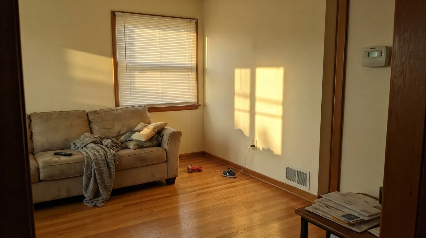 The honest shot: late western sun turns Creamy White cream-yellow on four walls — the orange-family undertone with nowhere to hide.