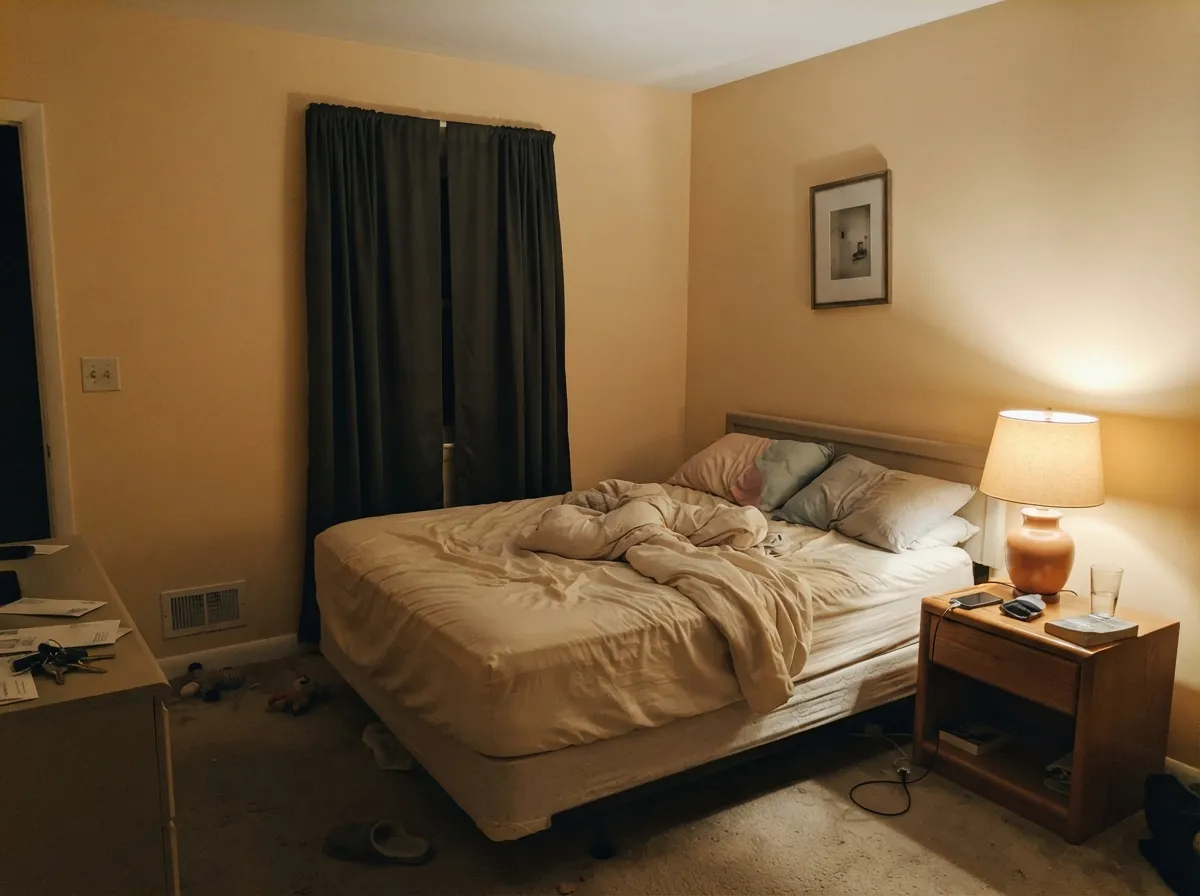 Under a warm 2700K lamp at night the beige deepens toward cream — quiet and lived-in, not sterile.