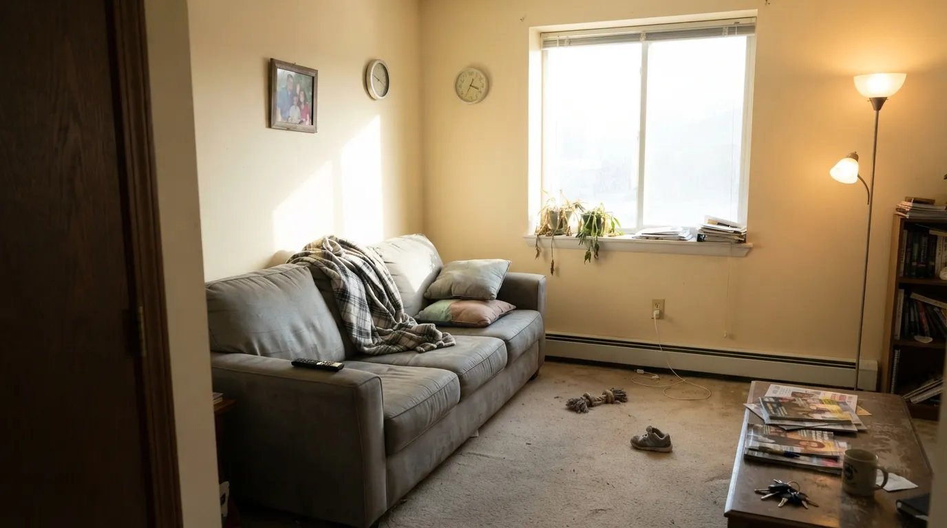 The honest shot: full south sun amplifies the yellow-peach undertone into pale creamy yellow, and the cool gray sofa only makes it look worse — the exact complaint behind most of its bad reviews.