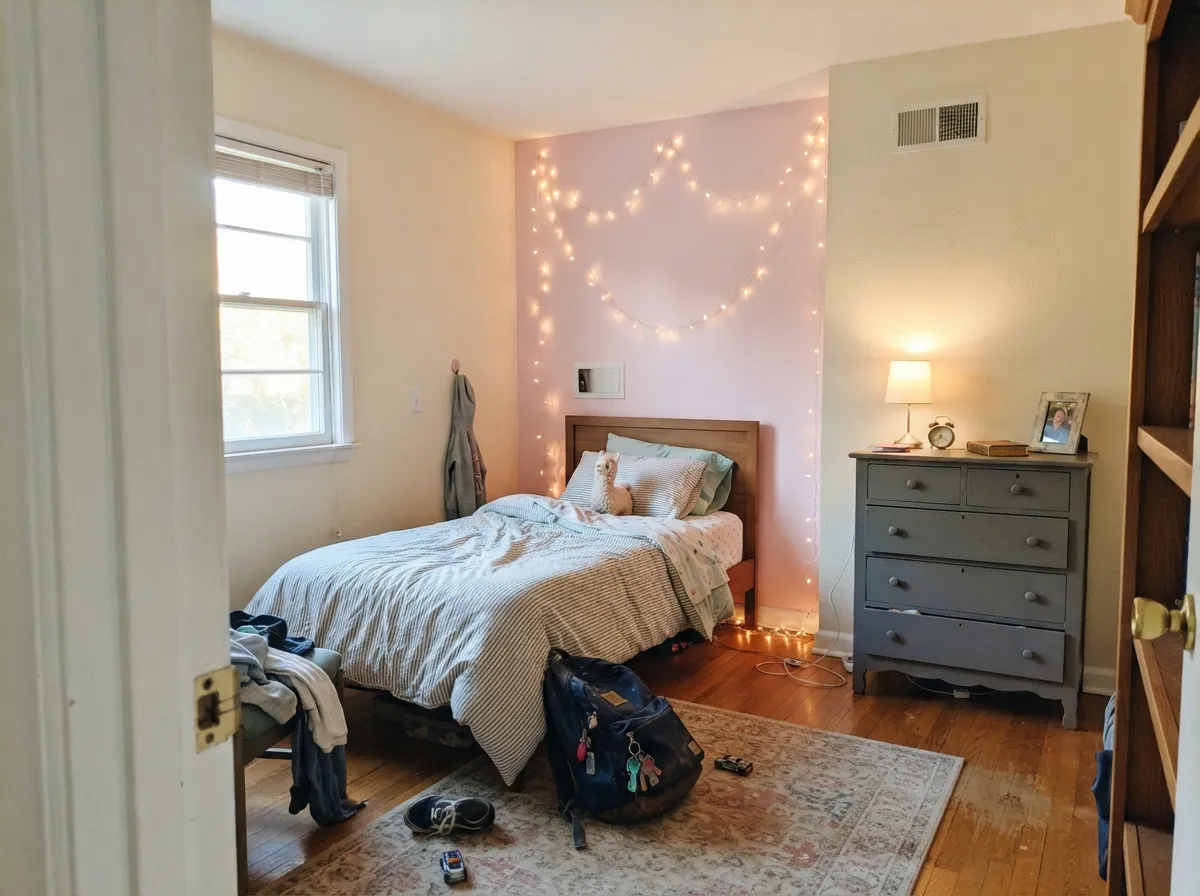 One accent wall keeps the blush contained and lets it read soft and deliberate instead of loud.