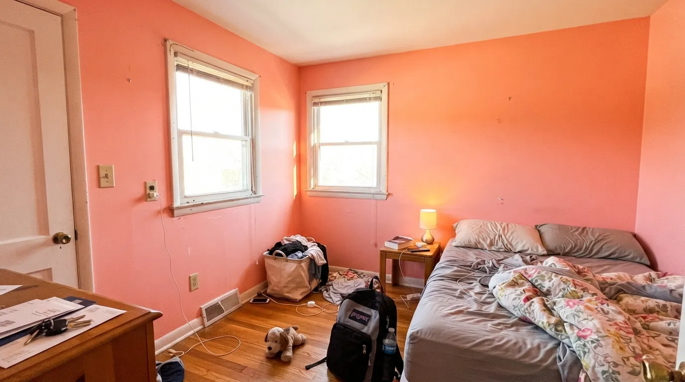The honest shot: four walls, strong sun from two directions, no white trim break. The color bounces off itself and turns noticeably more orange than the chip promised.