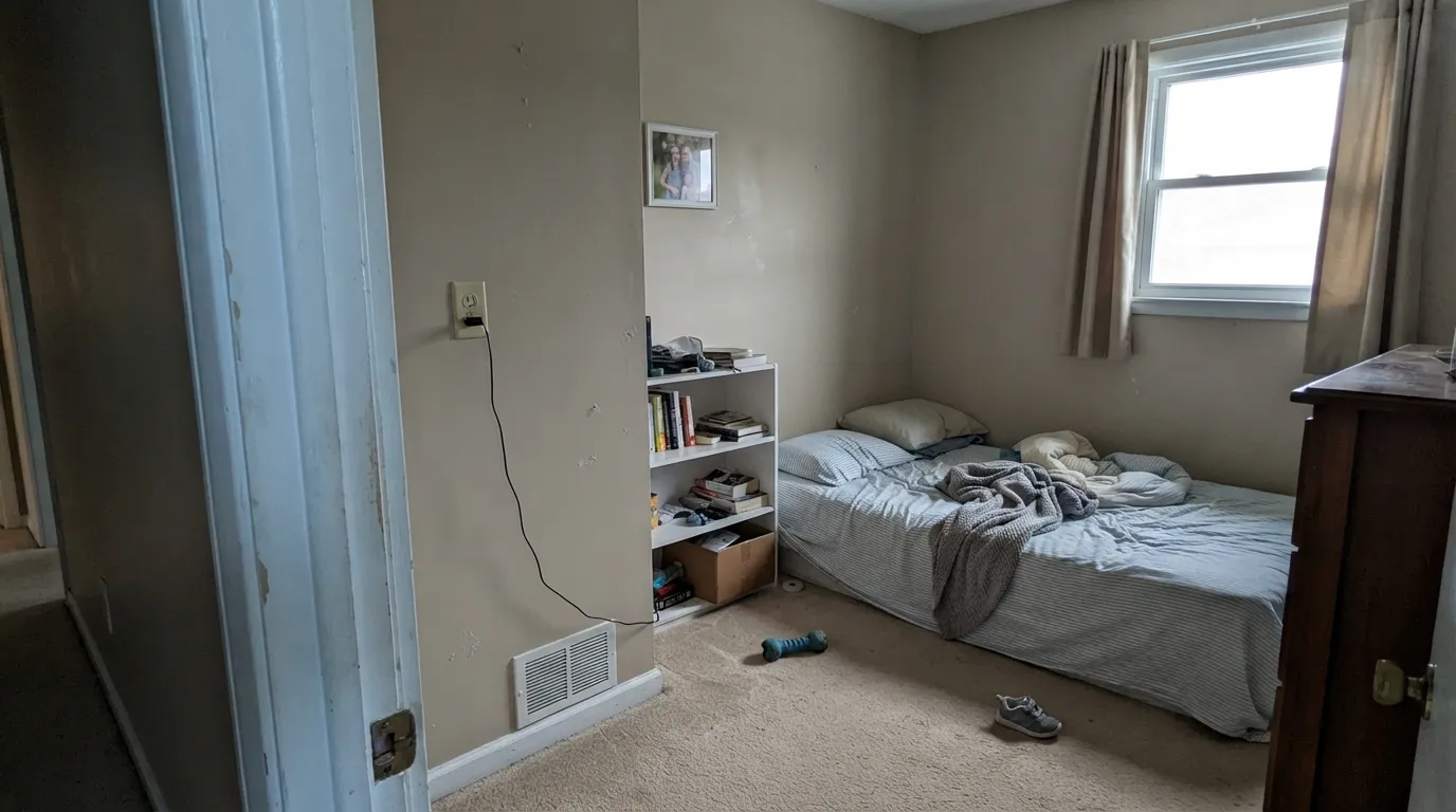 The honest shot: dim north light plus a cooler white trim, and the warmth drains out — the exact situation behind most of this color's complaints.