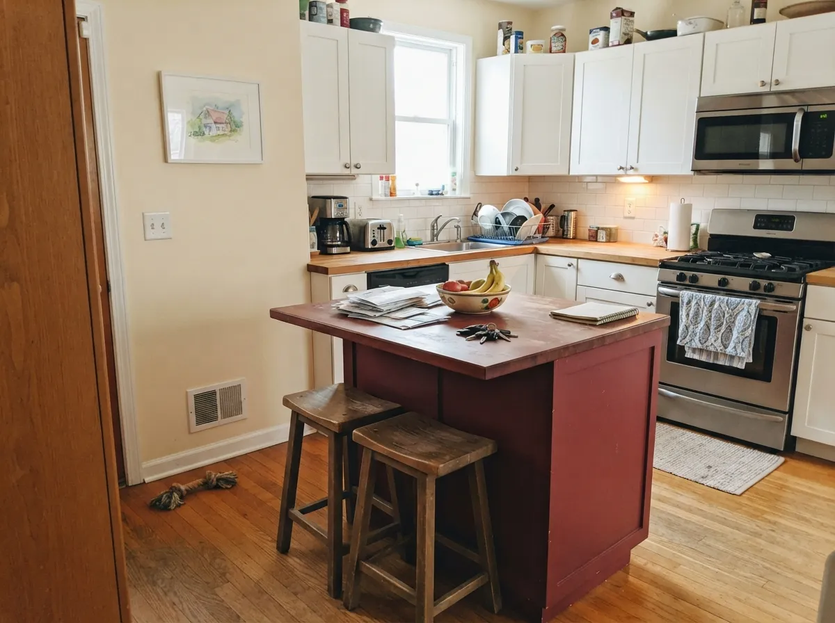 Its natural habitat: a dining room used mostly at night. Warm lamplight pulls the wine-red forward instead of letting it go flat.