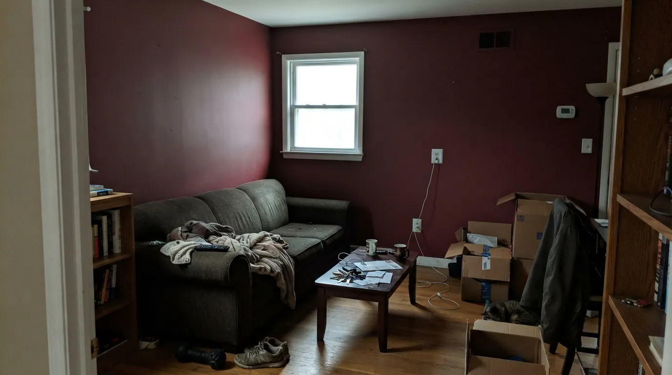 The honest shot: a whole room in flat daylight with no lamps. The red drains out and the walls read closer to black than crimson — the situation behind every disappointed review.