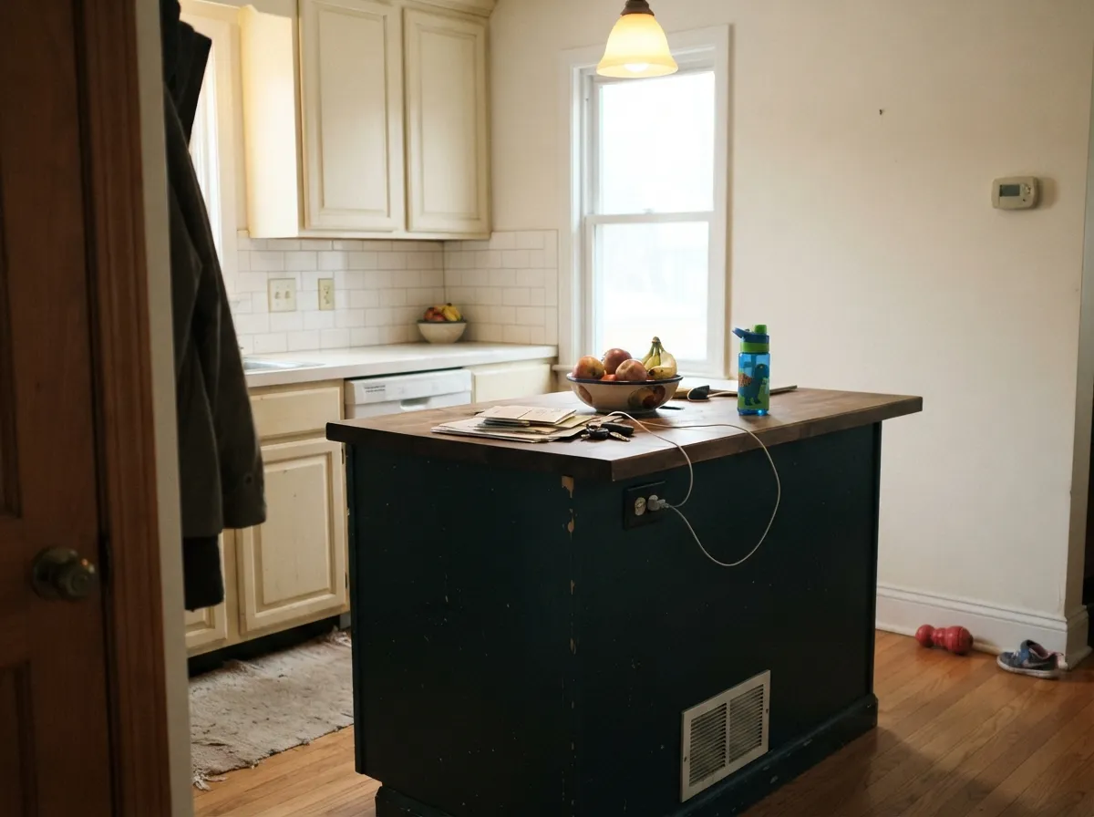The job Behr actually built this color for: cabinet-and-trim enamel on an island, catching real daylight.