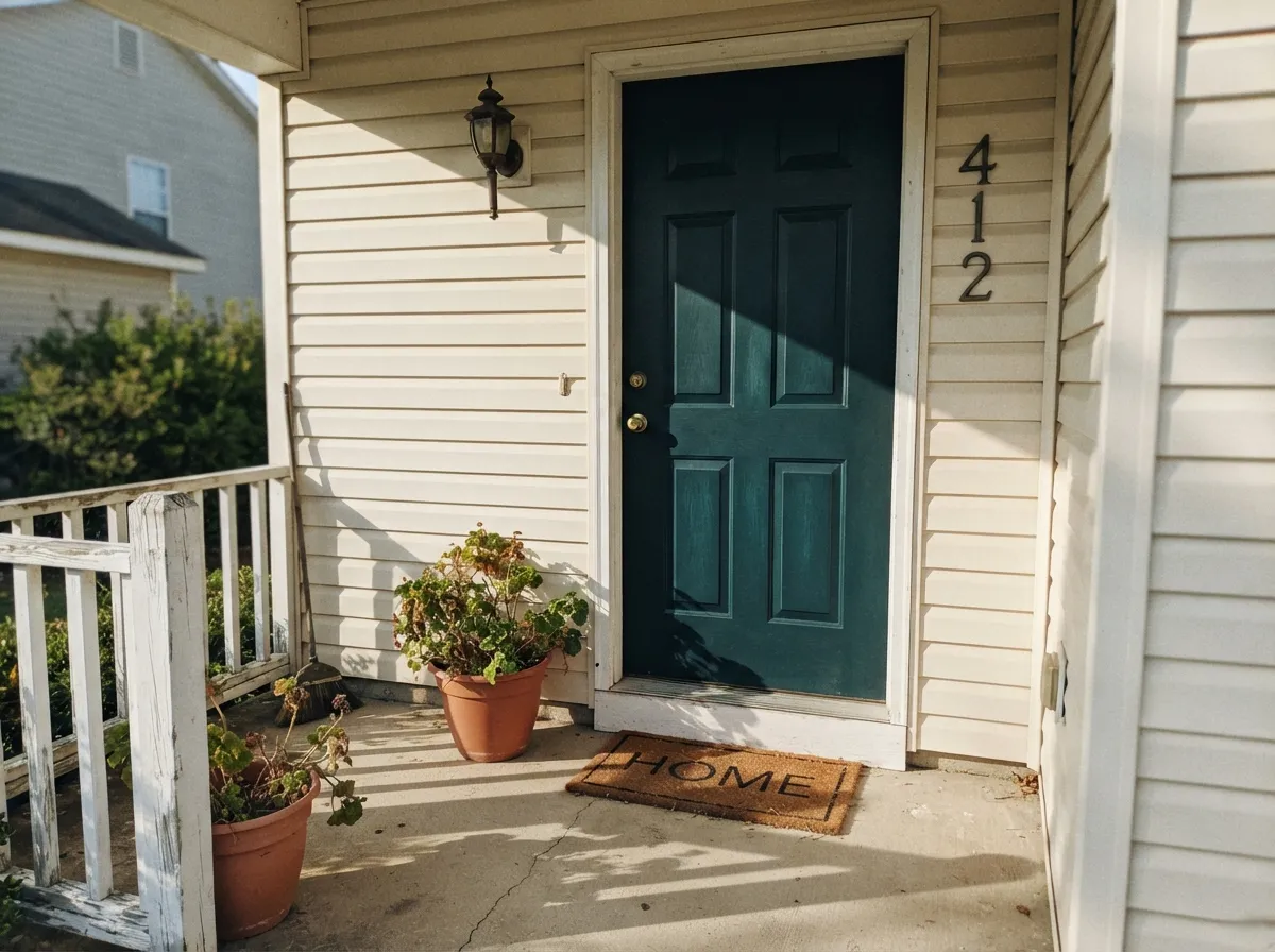 Full sun is this color's best light — on a front door it reads a true, saturated teal-green, not black.