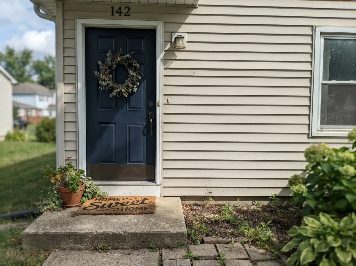 Full sun on the slab pulls the navy forward — the reason this color shows up so often as a front-door pick.
