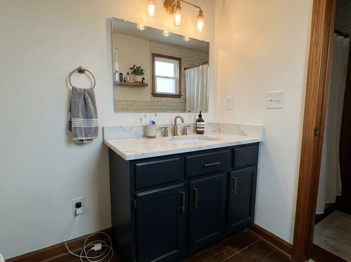 One vanity is the low-risk way to try this depth — brass hardware and warm bulbs keep it reading blue after dark.