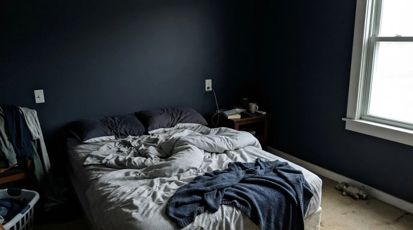 The honest shot: without strong light or warm lamps, Dark Navy reads exactly as its name suggests it might — but flatter, and unmistakably black, not blue.