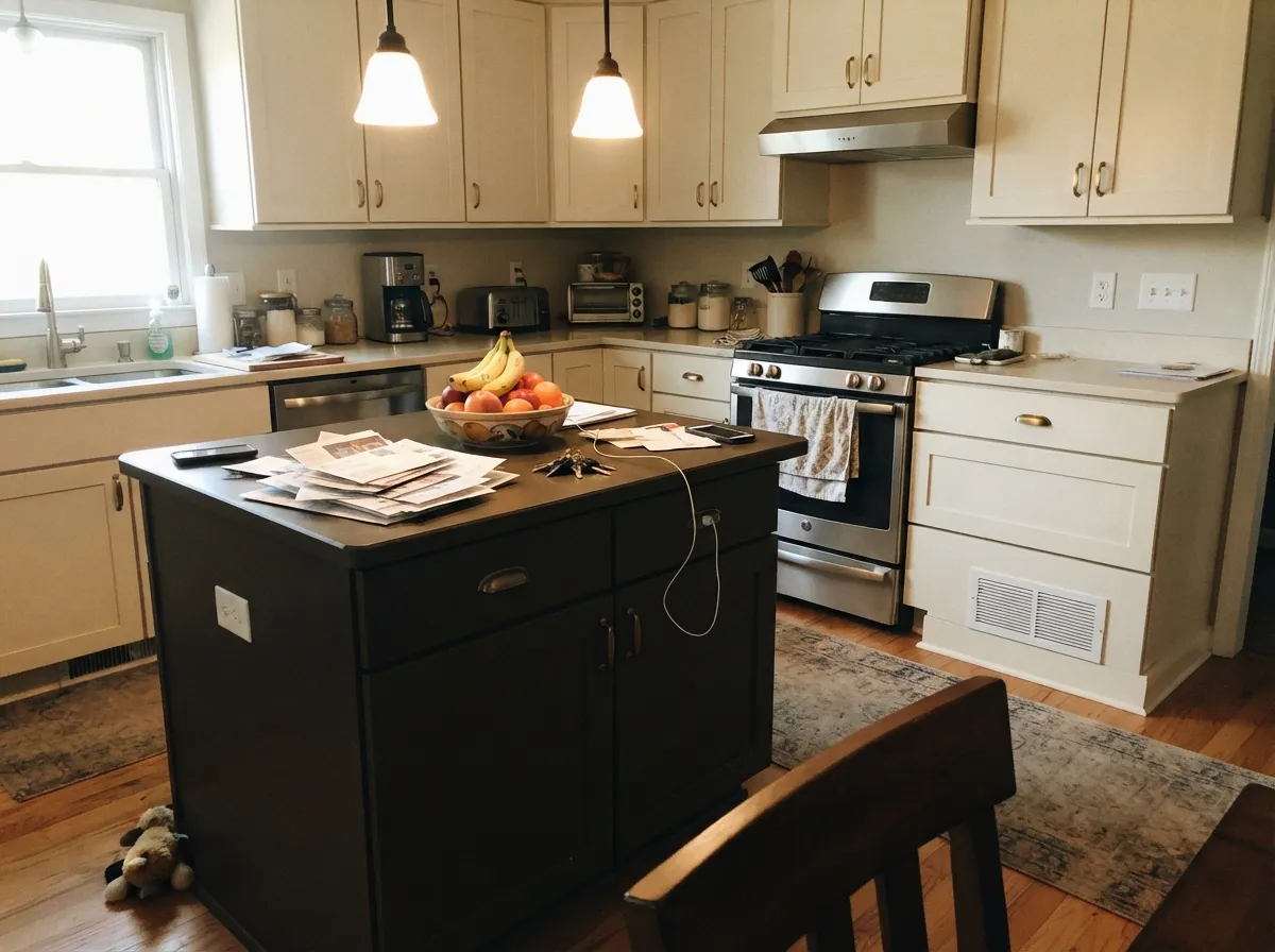 One dark island against light perimeter cabinets — enough contrast to anchor the room without swallowing it.