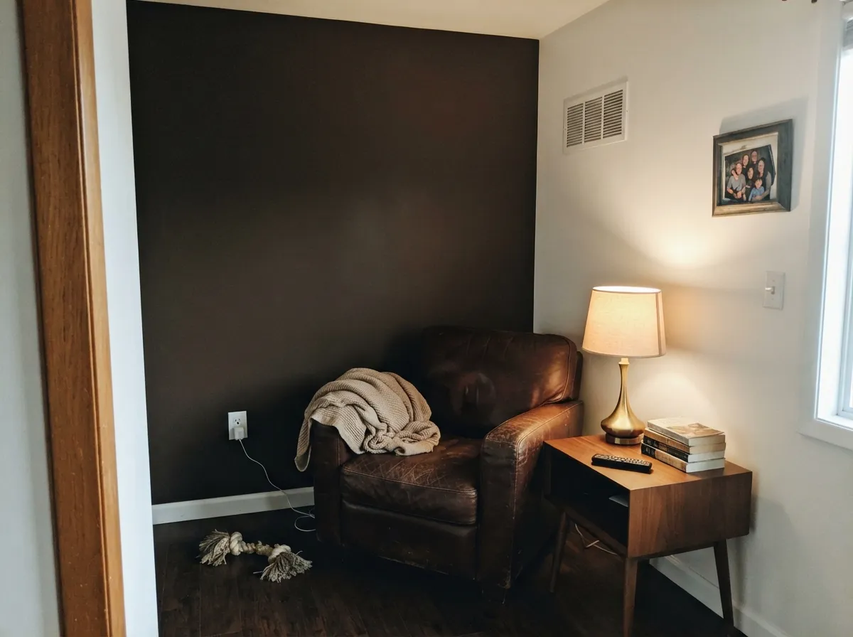 Under a warm lamp with leather and walnut nearby, the brown reads clearly and the room feels settled, not gloomy.