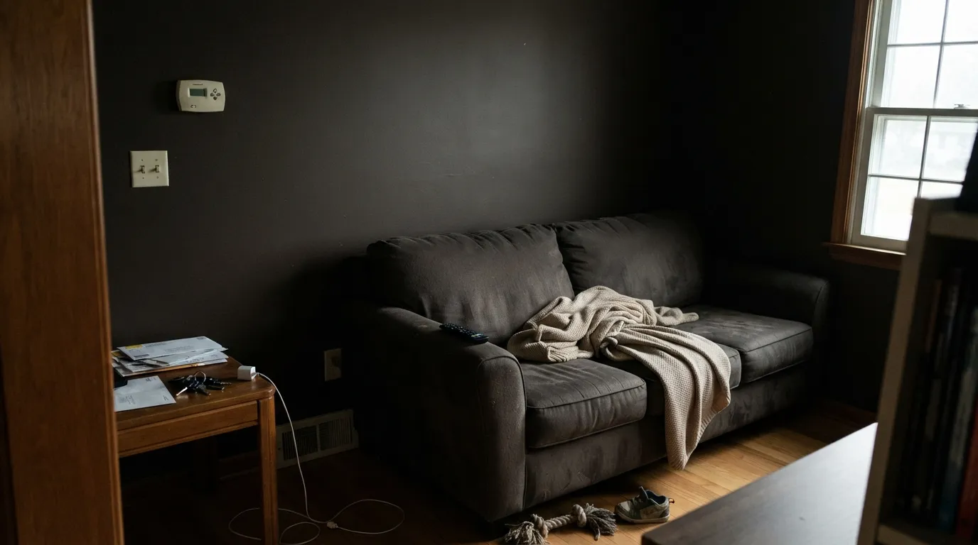 The honest shot: no direct light, no warm bulb, and the brown vanishes — this reads as plain black, not the color on the chip.