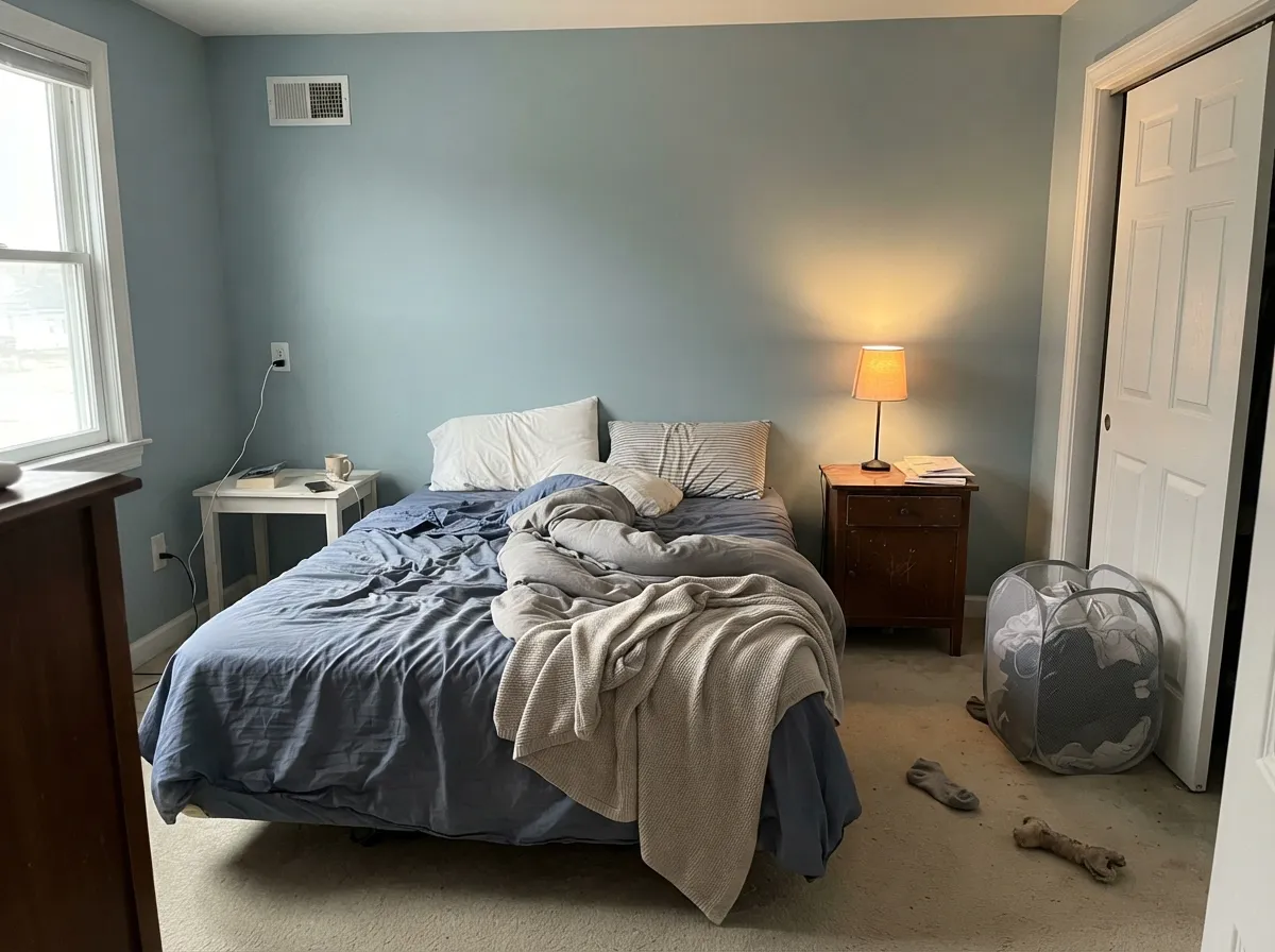 In a morning-lit bedroom it stays dusty coastal — dawn blue with a teal whisper, not a theme, not icy.