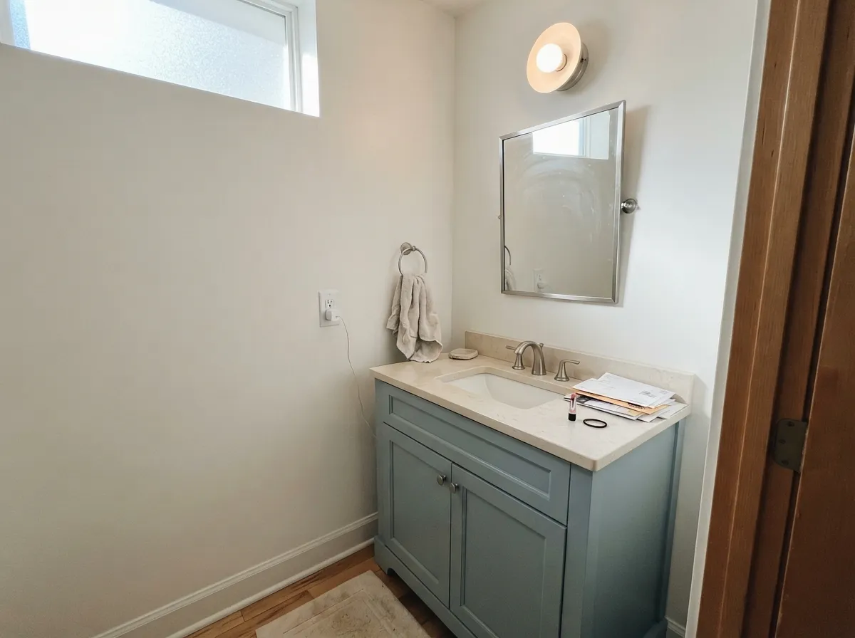 The small-commitment version: Dayflower on the vanity under a crisp white field — Behr's own bath recipe, in a real powder room.