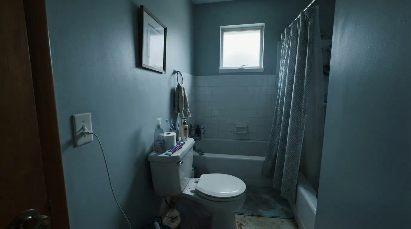 The honest shot: cool north light strips the blue and leaves a dirty concrete-gray — the dim-room version of this color.