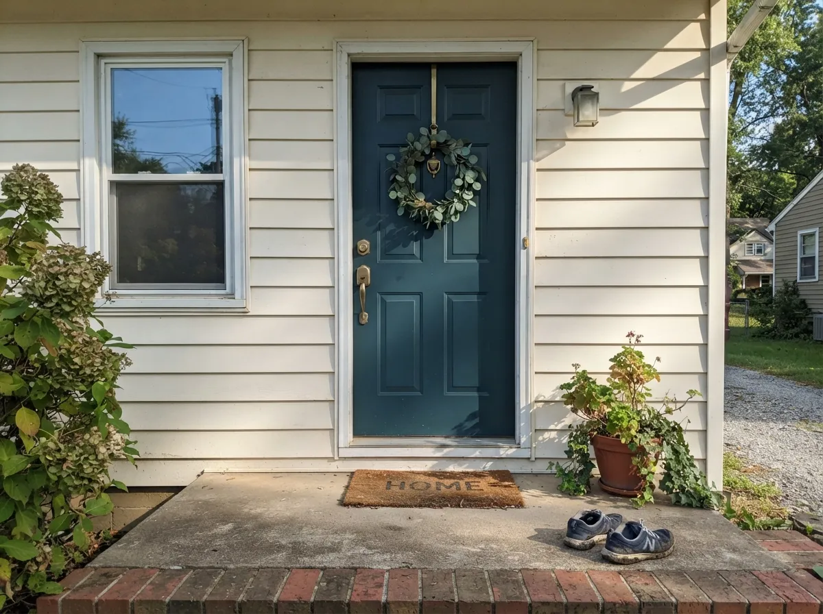 Full sun settles the undertone outdoors — the door reads as a confident dark blue, not the murky read it can get next to cool indoor surfaces.