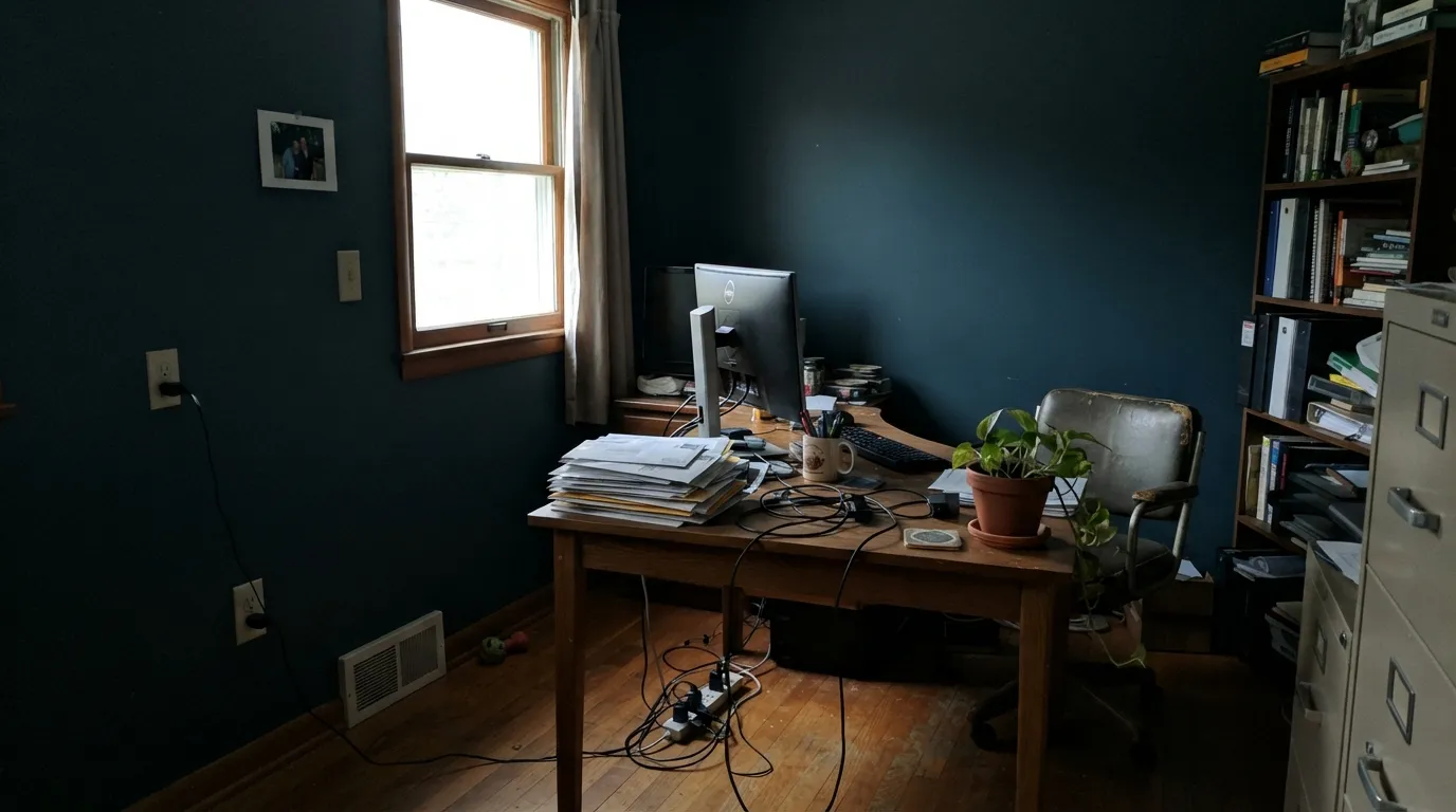 The honest shot: no daylight, no lamps, and Deep Breath simply reads as a plain dark room — the light did the work the paint chip promised, and here there isn't any.