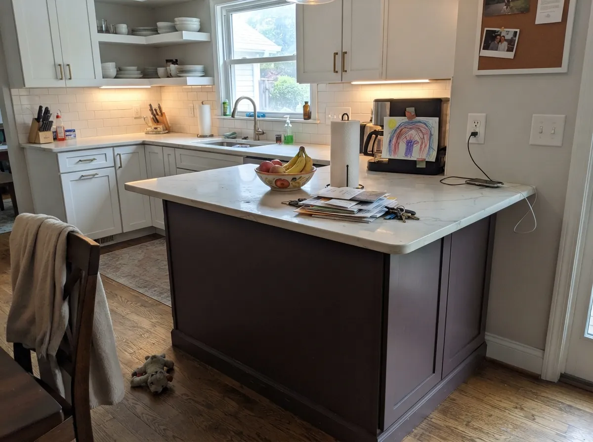 On an island under white cabinetry it reads sophisticated in doses, without committing the whole kitchen to it.